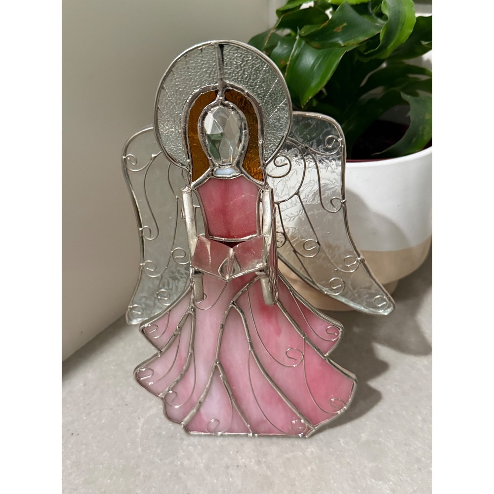 Vtg Pink Stained Glass Angel Figurine Slag Glass Filigree Silver Tree Topper